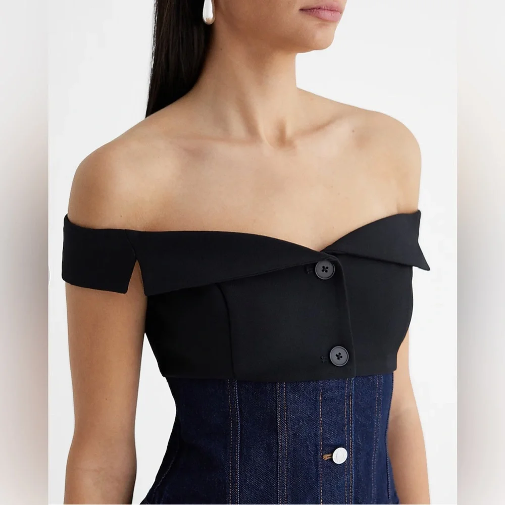 Express Denim Twill Off The Shoulder Faux Button Front Corset Top - Picture 2 of 15